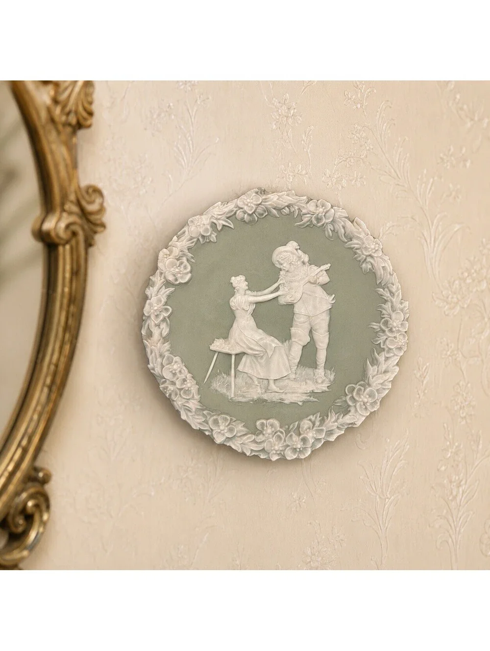Schafer Vater Germany 1910s Jasperware Wall Plaque Courting Couple, 5.5”